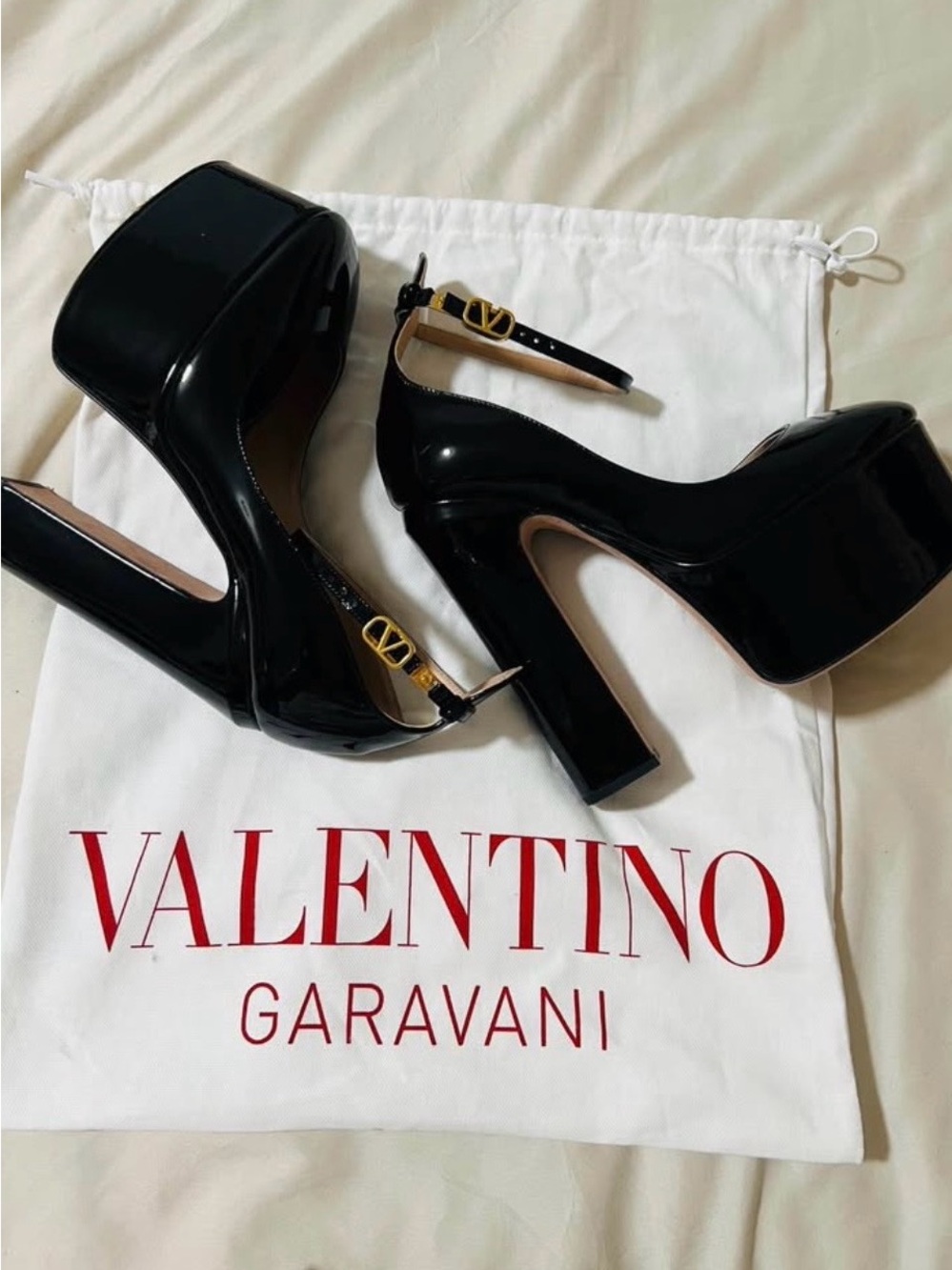 Valentino Black Patent Platform Pumps with Gold Accent Buckles
